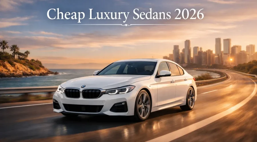 Cheap luxury sedans 2026 featuring a sleek white premium car driving on a scenic coastal road at sunset