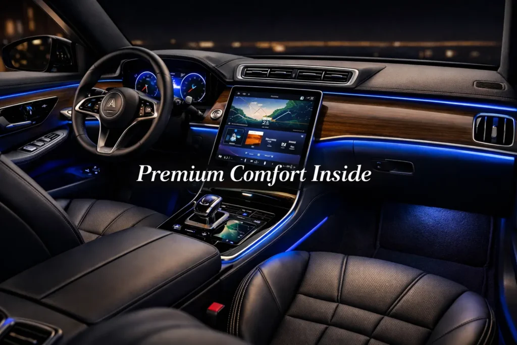 Premium Comfort Inside showcasing luxury sedan interior with leather seats, touchscreen infotainment, and ambient lighting