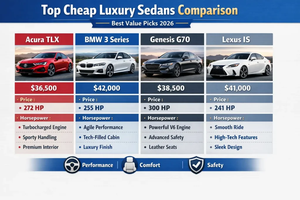 Comparison chart of cheap luxury sedans showing price, horsepower, and features