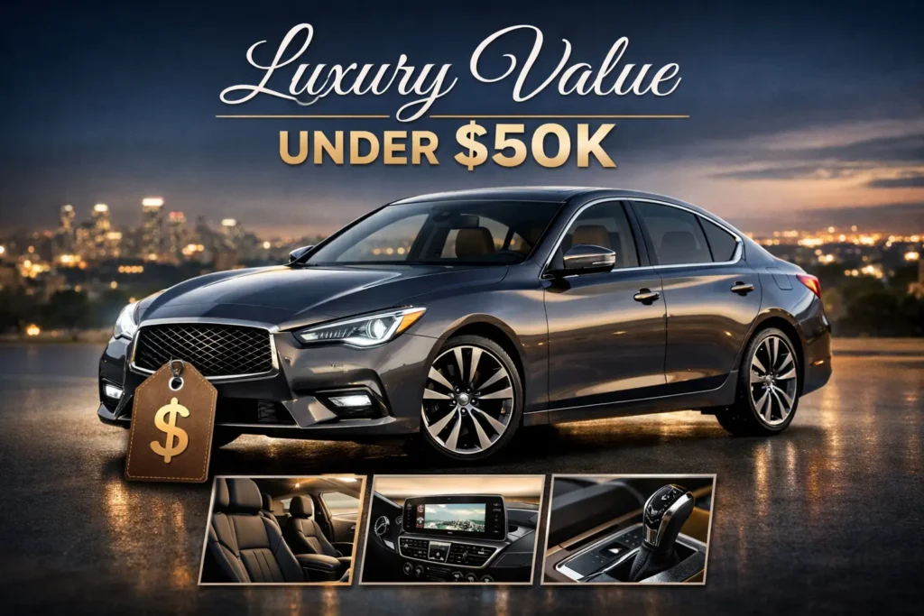 Sleek luxury sedan with premium interior and features, highlighted with a price tag under $50K against a cityscape at dusk