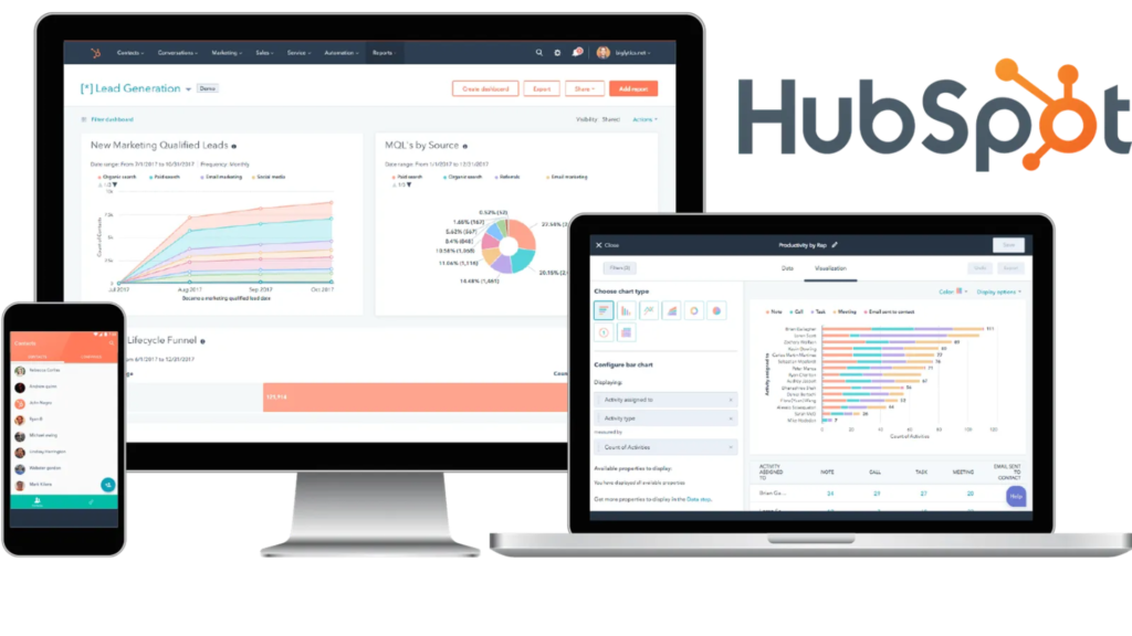 HubSpot marketing dashboard displayed on desktop, laptop, and mobile showing lead generation reports, charts, and campaign analytics.