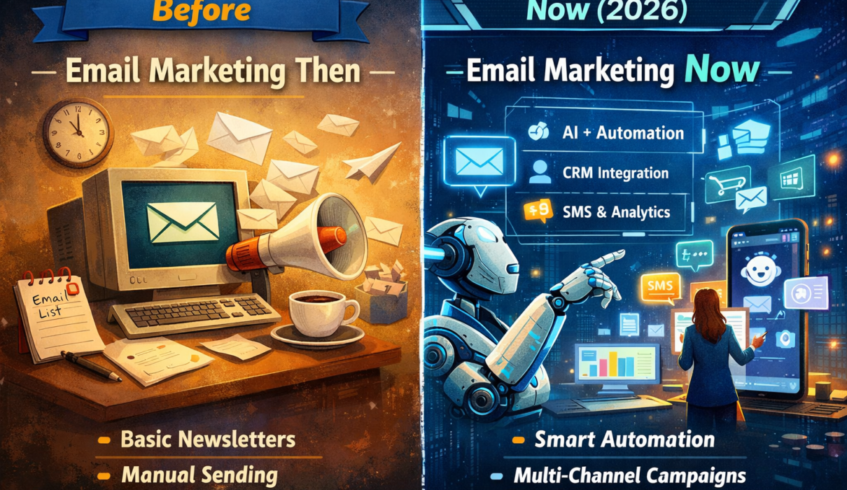 Side-by-side illustration showing email marketing before with manual newsletters and now in 2026 with AI automation, CRM, and multi-channel campaigns.