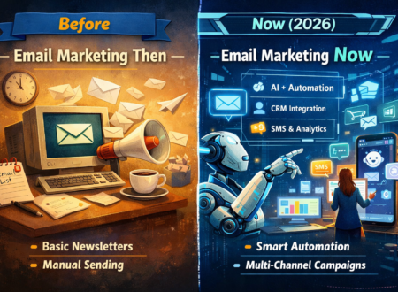 Side-by-side illustration showing email marketing before with manual newsletters and now in 2026 with AI automation, CRM, and multi-channel campaigns.