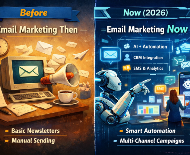 Side-by-side illustration showing email marketing before with manual newsletters and now in 2026 with AI automation, CRM, and multi-channel campaigns.