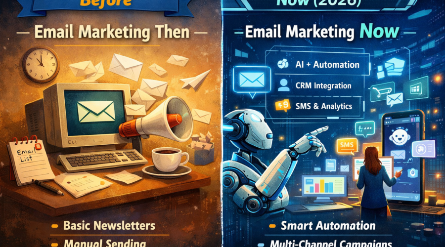 Side-by-side illustration showing email marketing before with manual newsletters and now in 2026 with AI automation, CRM, and multi-channel campaigns.