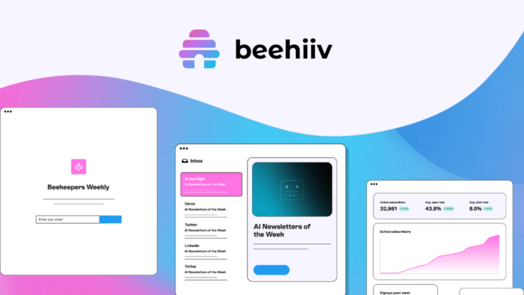 Beehiiv email marketing dashboard showing newsletter signup page, AI newsletters preview, and subscriber analytics with growth graph.