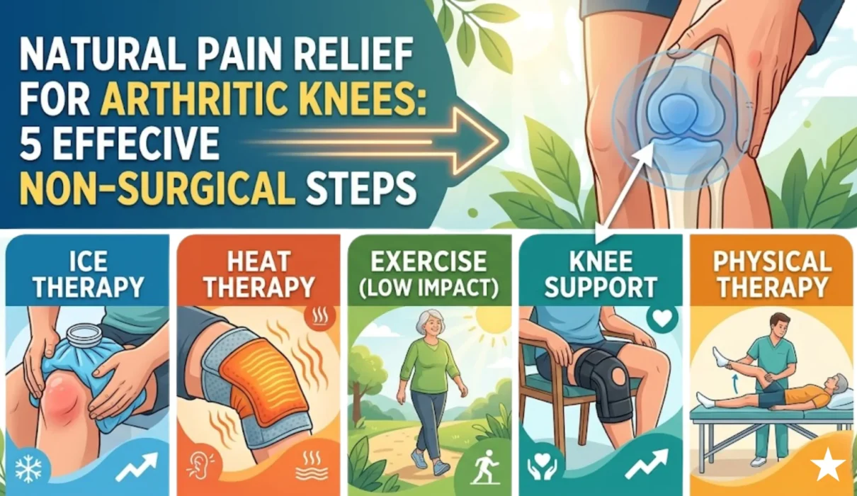Natural pain relief for arthritic knees showing ice therapy, heat therapy, exercise, knee support, and physical therapy methods