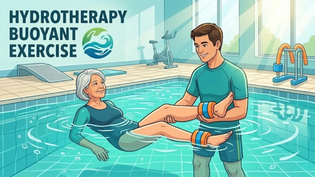 Hydrotherapy buoyant exercise for pain relief for arthritic knees with therapist assisting patient in pool