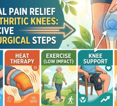 Natural pain relief for arthritic knees showing ice therapy, heat therapy, exercise, knee support, and physical therapy methods