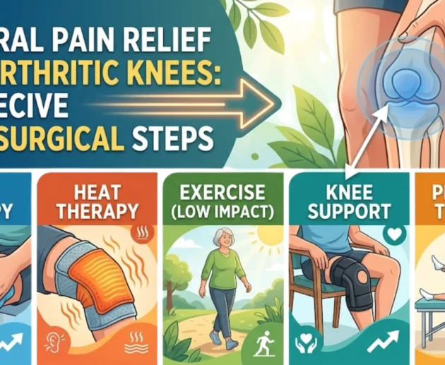 Natural pain relief for arthritic knees showing ice therapy, heat therapy, exercise, knee support, and physical therapy methods