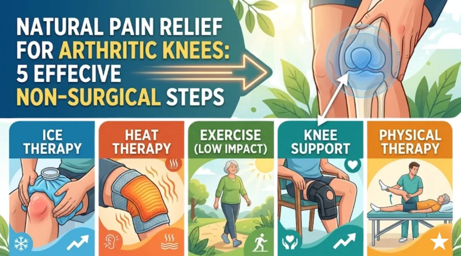 Natural pain relief for arthritic knees showing ice therapy, heat therapy, exercise, knee support, and physical therapy methods